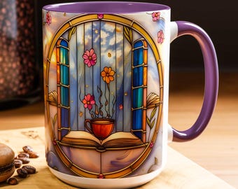 Tazza da caffè con libri in vetro colorato, motivo floreale, regalo per gli amanti dei libri, tazza in ceramica con tema libresco, tazza estetica da biblioteca, 11 oz, 15 oz
