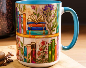 Tazza in vetro colorato per amanti dei libri, tazza da caffè con motivo floreale, regalo per lettori, tazza da tè con tema letterario da 11 oz e 15 oz, tazza estetica, regalo per lettori