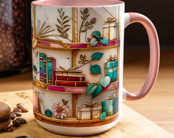 Tazza da libreria floreale con vetrate artistiche, tazza da caffè estetica per lettori, tazza unica per amanti dei libri, 11 oz 15 oz