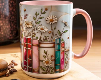 Tazza da libreria floreale in vetro colorato da 15 oz / Tazza per amanti dei libri, tazza da biblioteca, tazza da caffè in ceramica, decorazione estetica per biblioteca per lei