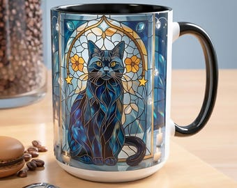 Tazza con gatto nero in vetro colorato, regalo celestiale e gotico per le amanti dei gatti.