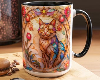 Tazza da caffè con decorazione a gatto in vetro colorato, tazza decorativa floreale con gatto per amanti dei gatti, 11 oz e 15 oz