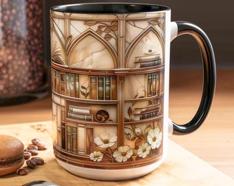 Tazza con libreria floreale e decorazione in vetro colorato, incantevole tazza da caffè con estetica da biblioteca, tazza unica per amanti dei libri e regalo letterario 11 oz 15 oz