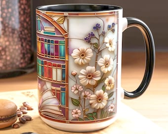 Tazza con libreria in vetro colorato, regalo floreale per amanti dei libri, decorazione per biblioteca in stile dark academia, tazza da caffè in ceramica da 440 ml per lettori e bibliotecari