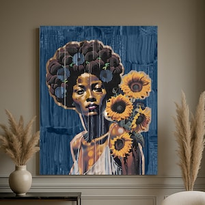 Canvas Print, Afro Woman Wall Art, Sunflower Painting, Black Woman Portrait, Modern Boho Decor, Stretched Matte Wall Art, Canvas Art,
