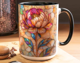 Tazza con peonia in vetro colorato, tazza da caffè con decorazioni floreali, tazza per amanti della natura con motivi floreali in stile vetro colorato, 11 oz e 15 oz