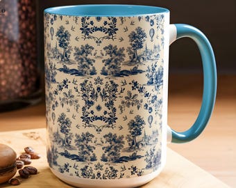 Tazza Toile de Jouy blu – Tazza da caffè vintage in stile country francese, classico motivo pastorale blu e bianco, tazza in vetro colorato, 11 oz e 15 oz