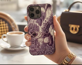 Custodia per telefono con illustrazione di gatto siamese vintage, stile Toile de Jouy, custodia per telefono con motivo cottage gotico per iPhone 17, Samsung S25