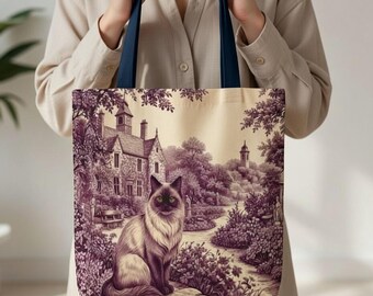 Borsa tote vintage con gatto siamese - Borsa in tela con scena di giardino in tela viola per gli amanti dei gatti, borsa a tracolla da portare tutti i giorni, idea regalo, stampa integrale