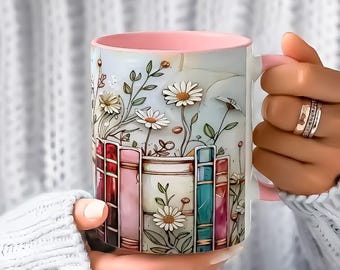 Blumen Bücherregal Becher | Buch-Liebhaber-Kaffeetasse 11oz 15oz | Buntglas Keramik Tasse | Bücherwurm Geschenk für Sie | Bibliothek Ästhetik Tasse
