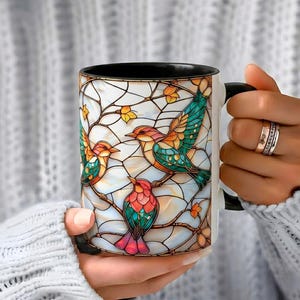 Taza de café floral con diseño de pájaro y vitrales, regalo para ella, regalo para el Día de la Madre, taza de café con diseño de pájaro color turquesa, 11 oz, 15 oz.