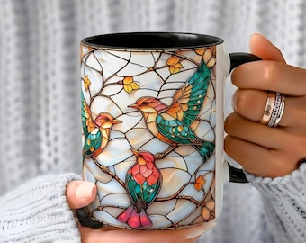Glasmalerei-Vogelbecher Blumenkaffeetasse Geschenk für sie Muttertagsgeschenk Teal Bird Kaffeetasse 11oz 15oz