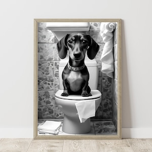 Funny Dachshund Bathroom Print: Dog on Toilet - Black & White (Digital Download)