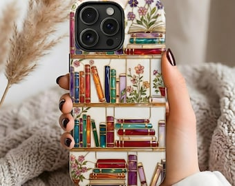 Stained Glass Bücherregal Handyhülle: Buchliebhaber iPhone Hülle, Floral Bibliothek Samsung Handyhülle, Geschenk für Bücherwürmer, Dark Academia Handyhülle