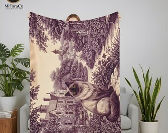 Coperta per gatti in tela, coperta vintage per gatti per amanti dei gatti, coperta in stile country francese, coperta viola in peluche per gatti, coperte accoglienti a tema gatto