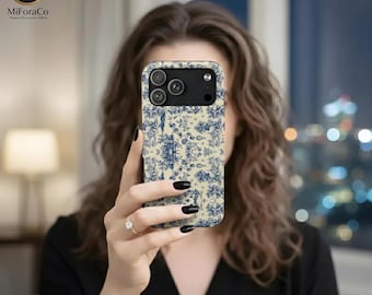 Custodia per telefono in tela blu, motivo floreale francese vintage, custodia per iPhone in tela, custodia per telefono resistente, custodia per telefono floreale alla moda ed estetica