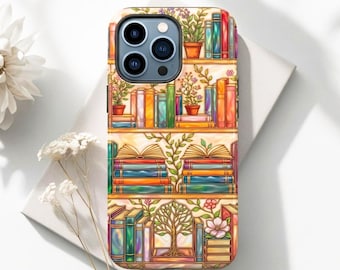 Custodia per telefono a tema libri, con motivo floreale e libreria, adatta a tutti gli iPhone e Samsung, compatibile con MagSafe.