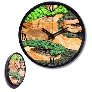 Rustic Wood and Moss Wall Clock -  Handmade Natural Wall Art with Preserved Moss - Unique Wooden Clock for Eco Home Decor