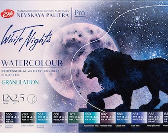 WHITE NIGHTS Artists' Grade Watercolors set 12 Full Pans Granulating Colors, plastic box by Nevskaya Palitra