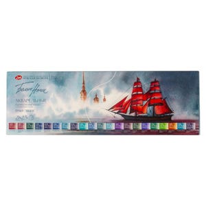 Peut inclure: Une boîte de 25 aquarelles de la marque russe "Nuits Blanches". La boîte présente une peinture d'un voilier rouge dans un port brumeux. Les couleurs de peinture sont disposées en rangées et étiquetées avec des numéros.
