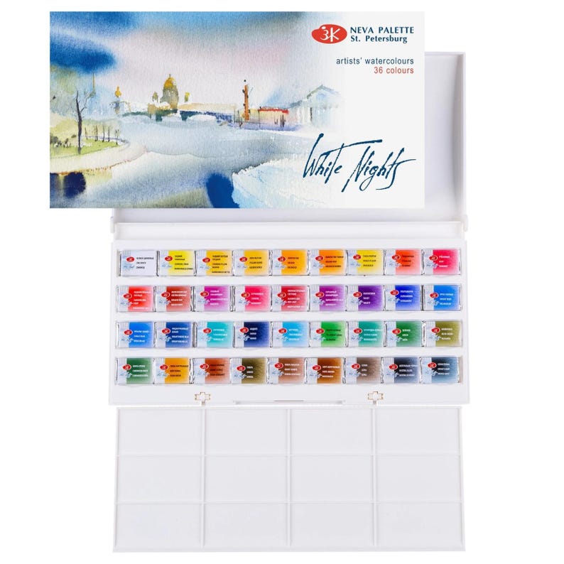 May include: A white, open watercolor paint set with 36 colors. The lid features a landscape painting and the text "NEVA PALETTE St. Petersburg" and "White Nights". The paint set includes a built-in mixing palette.