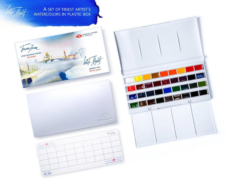 May include: A set of White Nights artist's watercolors in a white plastic box. The box is open, revealing an array of vibrant colors. The set includes a palette and a cover with the text "A set of finest artist's watercolors in plastic box."