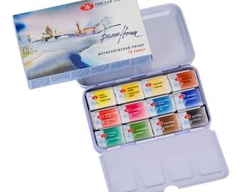 Watercolors Set 12 pans "White Nights" in Metall Box by Nevskaya Palitra High Quality Watercolours from Russia