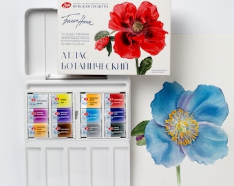 White Nights Watercolor Set "Botanical Atlas," 12 pcs x 2.5 ml, plastic Full Pan Palette from Neva Palette Russia