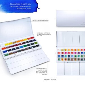 May include: White ergonomic plastic watercolor box with two palettes and removable pans. The box contains a removable cartridge to hold pans securely in place. The second internal palette can be used inside or outside the set. Weight: 523 grams.