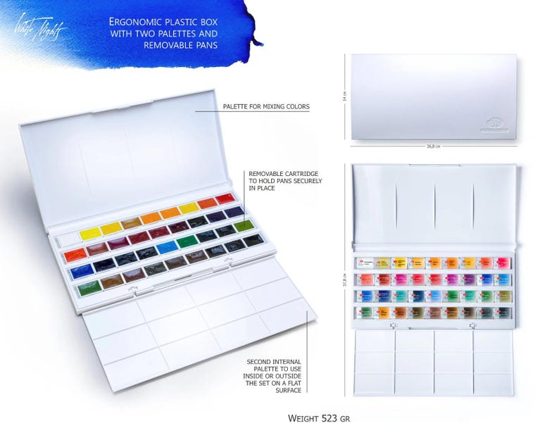May include: White ergonomic plastic watercolor box with two palettes and removable pans. The box contains a removable cartridge to hold pans securely in place. The second internal palette can be used inside or outside the set. Weight: 523 grams.