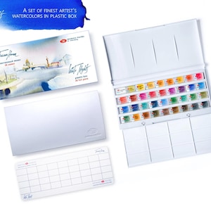 May include: A set of artist's watercolors in a white plastic box. The box is open, revealing an array of colorful paint pans. The packaging includes a box with a watercolor painting and the text "White Nights".