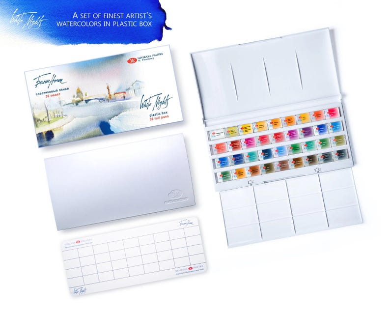 May include: A set of artist's watercolors in a white plastic box. The box is open, revealing an array of colorful paint pans. The packaging includes a box with a watercolor painting and the text "White Nights".