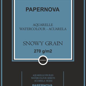 May include: A blue and white label with the text "PAPERNOVA" and "SNOWY GRAIN 270 g/m2". The label is for watercolor paper sheets.