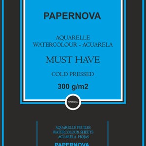 May include: A blue and white label with the text "PAPERNOVA" and "AQUARELLE WATERCOLOUR - ACUARELA" in black. The label also includes the text "MUST HAVE", "COLD PRESSED", and "300 g/m2".