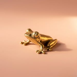May include: A golden frog figurine with detailed features, including large, expressive eyes and textured skin. The frog is posed on a soft, peach-colored surface, creating a warm and inviting aesthetic. The figurine is a decorative item.
