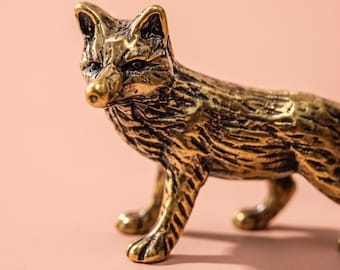 Brass Fox Figurine: Gold Woodland Animal Sculpture, Rustic Desk Decor
