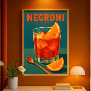 Negroni Cocktail Poster - Retro Bar Kunstdruck, Vintage Drink Illustration, Küche oder Hausbar, Wanddekoration, Mid-Century Modern Style