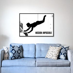 Mission Impossible Poster – Iconic Suspended Heist Scene Silhouette | Minimalist Movie Wall Art for Action Film Fans