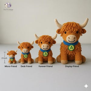 May include: Four crocheted Highland cow plushies in varying sizes, from Micro-Friend to Display-Friend. Each has shaggy orange fur, cream horns, a blue collar, and a green tag with the letter "A". The smallest is 2 inches tall.