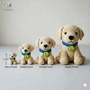May include: Four crocheted dog figures of different sizes. Each beige dog has a blue collar and a yellow and green tag. The smallest is 5 cm tall. Sizes are labelled: Micro-Friend, 4 Desk-Friend, Forever-Friend, and Display-Friend.