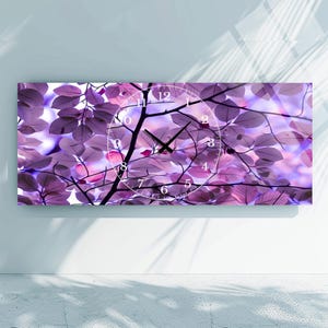 Purple leaves  Tempered glass wall Clock Extra Large Glass wall Clock, Glass wall Decor, Colorful Abstract wall clock , Modern Home Decor