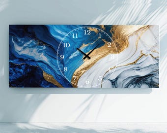 Reloj de pared de vidrio templado abstracto de mármol blanco, reloj de pared de vidrio extra grande, decoración de pared de vidrio, reloj de pared azul dorado, decoración moderna para el hogar