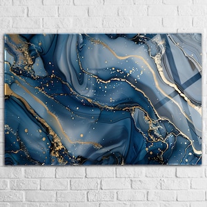 Blue Gold Granite Tempered glass wall art Extra Large Glass wall art, Abstract wall Decor , Modern Home Decor idea gift ,Glass Backsplash