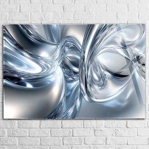 May include: Abstract digital art print featuring flowing, metallic, and reflective shapes in shades of silver and blue. The artwork has a glossy finish and is mounted on a white brick wall.