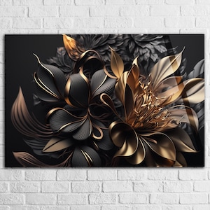 Black Gold Flowers Tempered glass all art Floral, Extra Large Glass wall art, Glass wall Decor, Wall Art For Mom , Modern Home Decor idea