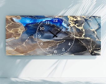 Reloj de pared de vidrio templado abstracto de mármol blanco, reloj de pared de vidrio extra grande, decoración de pared de vidrio, reloj de pared azul dorado, decoración moderna para el hogar
