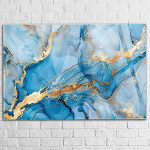 Blue Gold Granite Tempered glass wall art Extra Large Glass wall art, Glass wall Decor, Abstract wall Decor , Modern Home Decor idea gift