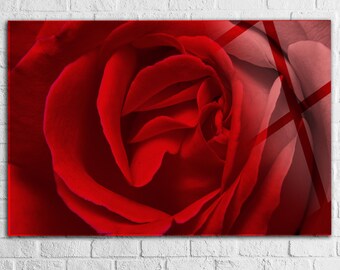 Arte de pared de vidrio templado con rosa roja floral, arte de pared de vidrio extragrande, decoración de pared de vidrio, regalo de oficina en casa, idea única de decoración moderna del hogar