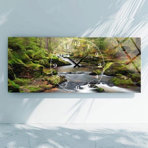 Landscape Tempered Glass Wall Clock Forest River,Extra Large Glass wall Clock, Glass Wall Decor, Landscape Wall Clock, Big Modern Home Decor