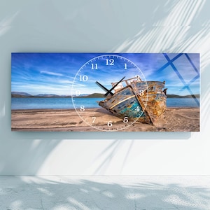 Fishing Boat Tempered glass wall Clock Abstract, Extra Large Glass wall Clock Glass wall Decor Beach Abstract wall clock  Modern Home Decor